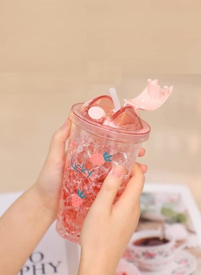 تيمسون كوب شرب مزدوج الجدار مطبوع عليه رسوم متحركة من تيمسون مع ماصة، كوب شرب ماء للأطفال، زجاجة شرب أكريليك مع ماصة - 450 مل (B - وردي) (BB 9016) - Image 4