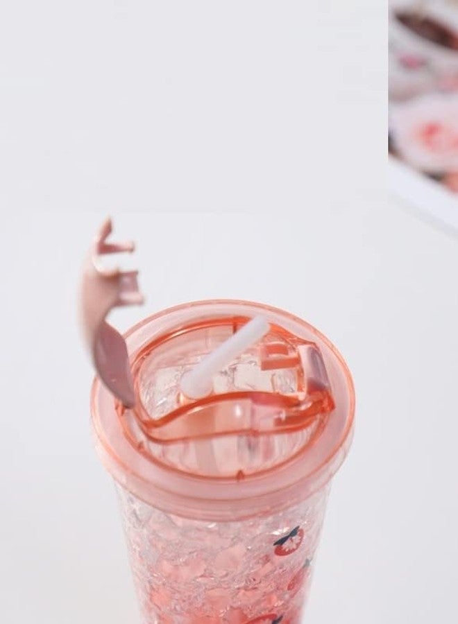 تيمسون كوب شرب مزدوج الجدار مطبوع عليه رسوم متحركة من تيمسون مع ماصة، كوب شرب ماء للأطفال، زجاجة شرب أكريليك مع ماصة - 450 مل (B - وردي) (BB 9016) - Image 3