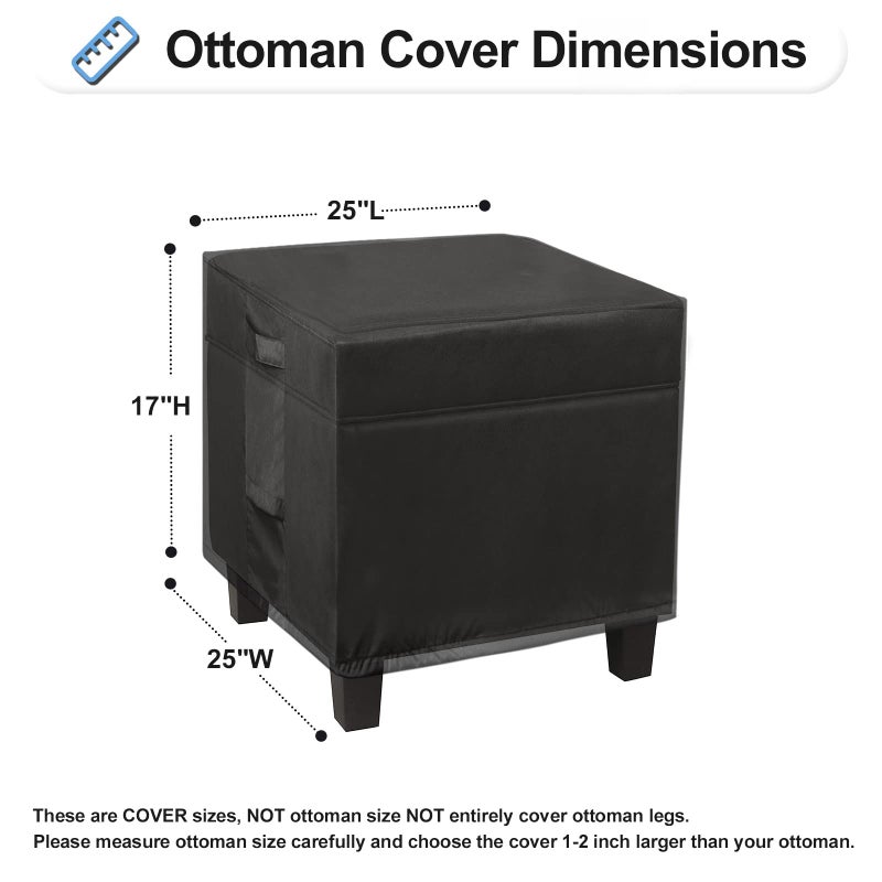 OutdoorLines Outdoor Waterproof Patio Ottoman Covers - Square UV-Proof Patio Side Table Cover Windproof Heavy-Duty Furniture Covering Protector 25L x 25W x 17H Inch, Black - Image 2