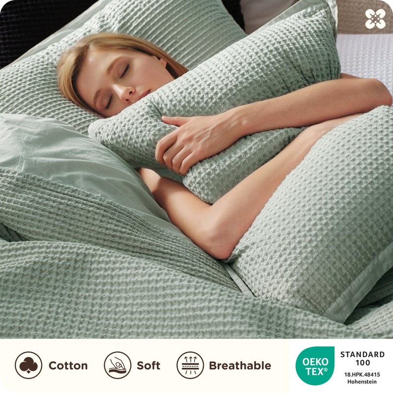 Bedsure Cotton Duvet Cover Queen - 100% Cotton Waffle Weave Sage Green Duvet Cover Queen Size, GentleSoftâ„¢ and Breathable Bedding Set for All Season, 3 Pieces, 90"x90" - Image 2