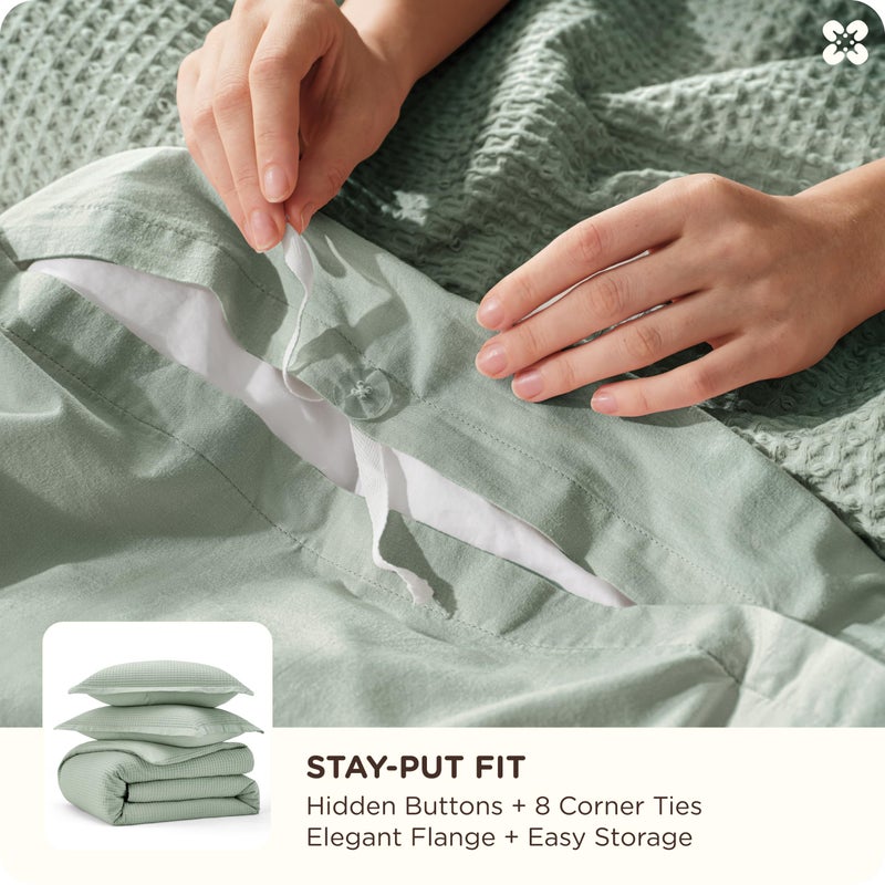 Bedsure Cotton Duvet Cover Queen - 100% Cotton Waffle Weave Sage Green Duvet Cover Queen Size, GentleSoftâ„¢ and Breathable Bedding Set for All Season, 3 Pieces, 90"x90" - Image 4