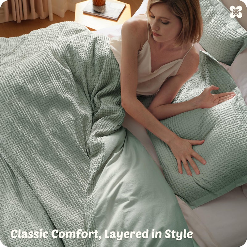 Bedsure Cotton Duvet Cover Queen - 100% Cotton Waffle Weave Sage Green Duvet Cover Queen Size, GentleSoftâ„¢ and Breathable Bedding Set for All Season, 3 Pieces, 90"x90" - Image 5