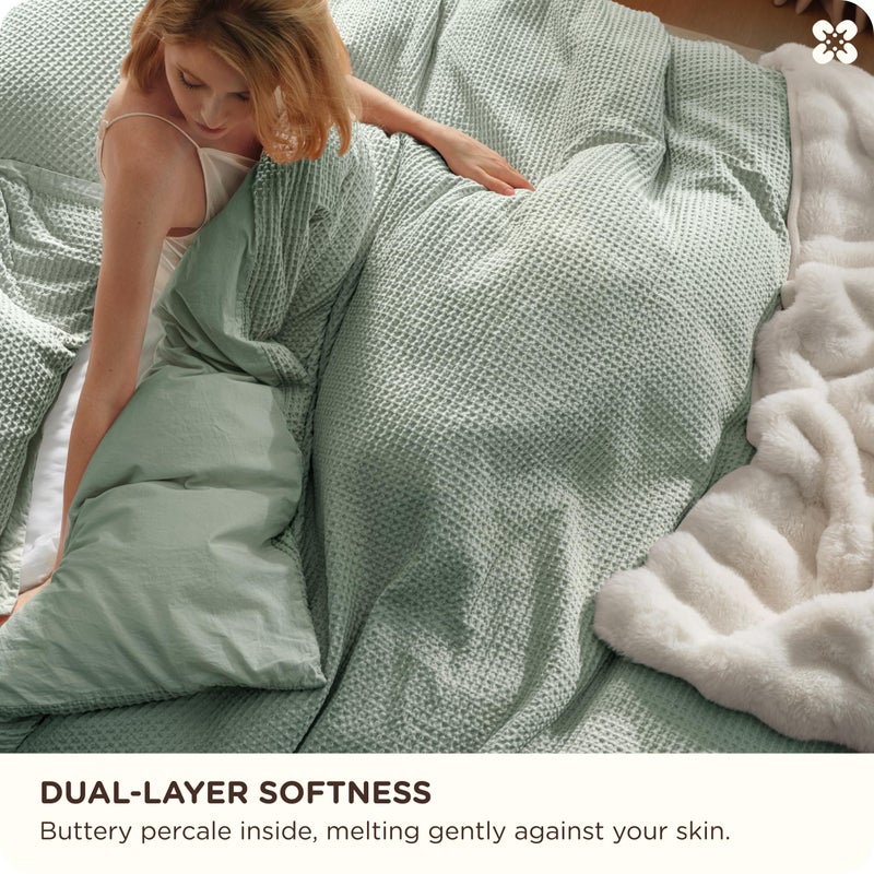 Bedsure Cotton Duvet Cover Queen - 100% Cotton Waffle Weave Sage Green Duvet Cover Queen Size, GentleSoftâ„¢ and Breathable Bedding Set for All Season, 3 Pieces, 90"x90" - Image 3