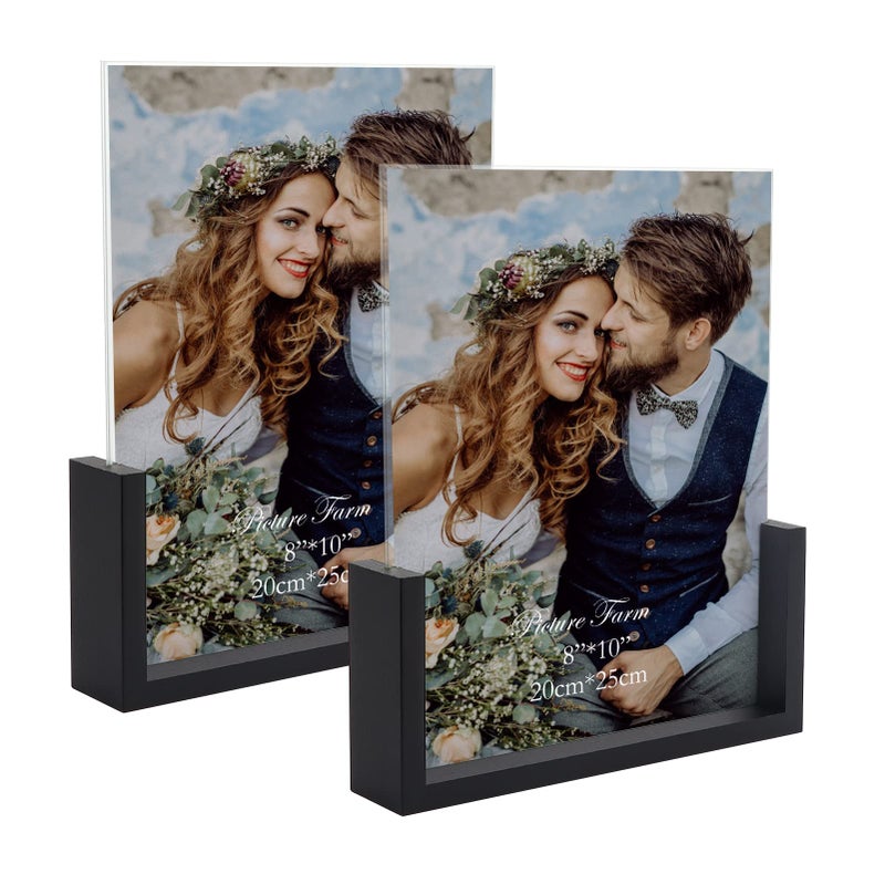 PETAFLOP 8x10 Picture Frame Set of 2 Black Rustic Wooden Photo Frames 8 by 10 Inch with HD Glass U Shaped Double Sided Menu Holder Sign Card Stand for Tabletop Display