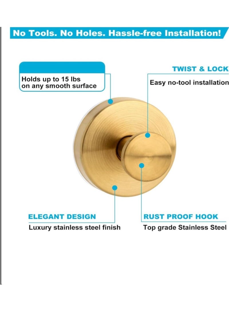 YQbest Matte Gold Suction Hooks (2 Pack) - Waterproof Rustproof Heavy Duty Hooks, Supports Up to 15 lbs, No Drilling for Shower, Bathroom, Kitchen, Glass Doors, Shower Mirrors, Tiles - Hangs Loofahs, Towels, Coats, Bath Robes - Image 5