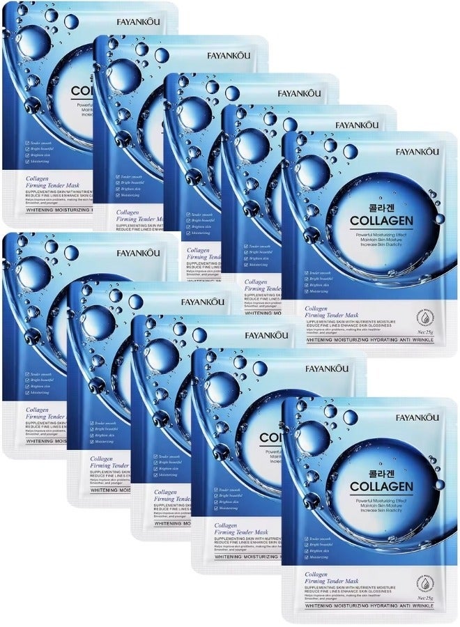 10Pcs Collagen Facial Mask Tender Smooth Brightening Moisturizing Hydrating Nourishing Firming Collagen Face Mask Sheet Reduce Fine Lines Enhance Skin Anti Wrinkle Face Mask