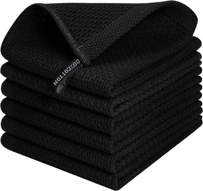 HEXONIQ® 100% Cotton Kitchen Dish Cloths, Waffle Weave Ultra Soft Absorbent Dish Towels for Drying Dishes Quick Drying Kitchen Towels Dish Rags, 13.4 X 13.4 Inches, Black, Pack of 6 - Image 1