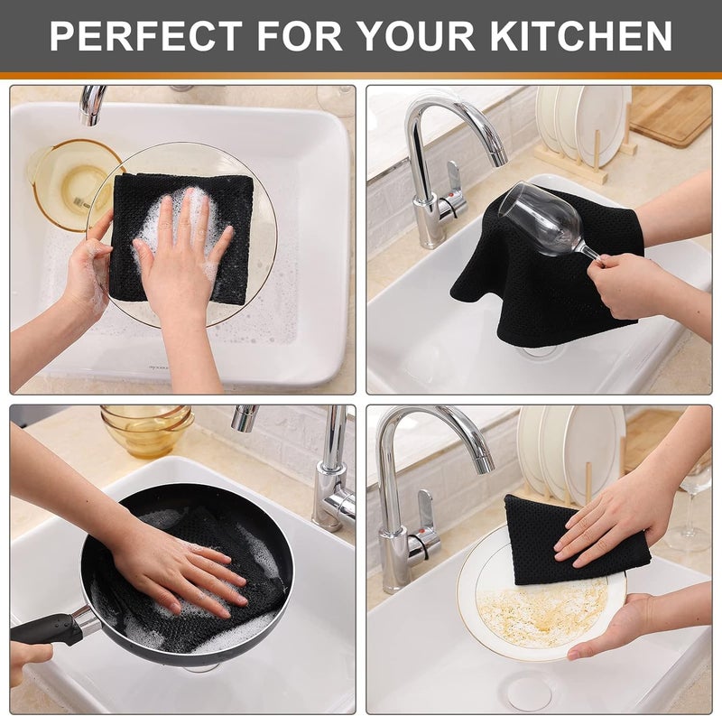HEXONIQ® 100% Cotton Kitchen Dish Cloths, Waffle Weave Ultra Soft Absorbent Dish Towels for Drying Dishes Quick Drying Kitchen Towels Dish Rags, 13.4 X 13.4 Inches, Black, Pack of 6 - Image 4