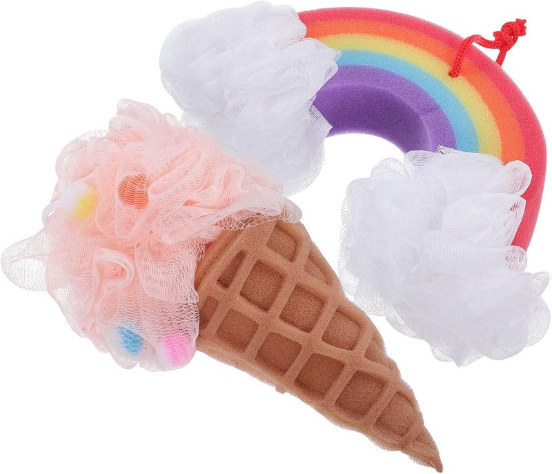 POPETPOP POPETPOP 2 Pcs Rainbow Bath Balls, Ice Cream Shower Loofah, Kids Bath Shower Sponge, Body Scrubber Exfoliating Baby Loofah Sponges for Kids Body Wash Bath Spa 