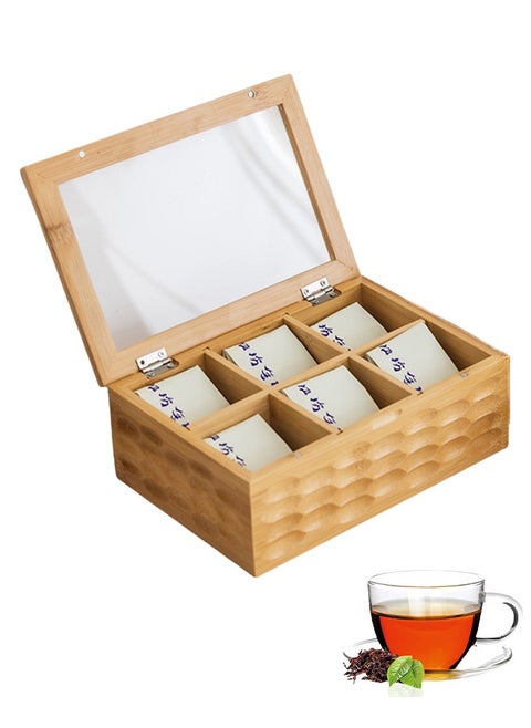 Tea Box,Tea Organizer with Bamboo Woven Decorative Lid, 6 Compartment Eco-Friendly Tea Bag Organizer, Multi-Functional Organizer for Tea Bags, Coffee Beans, Sugar, and more