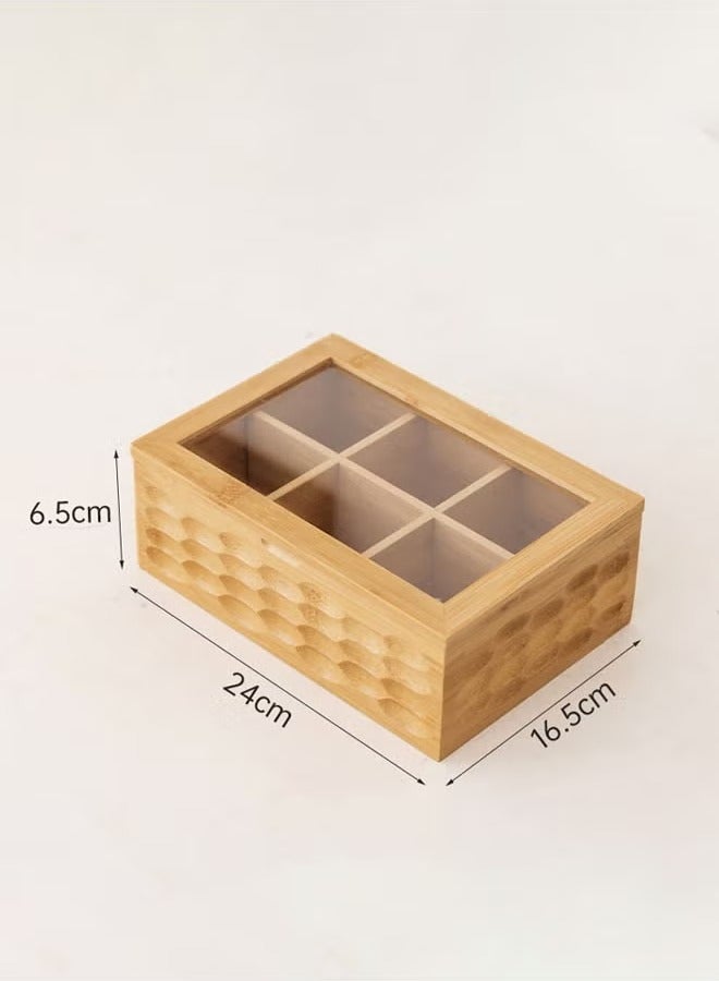 FLYROAD Tea Box,Tea Organizer with Bamboo Woven Decorative Lid, 6 Compartment Eco-Friendly Tea Bag Organizer, Multi-Functional Organizer for Tea Bags, Coffee Beans, Sugar, and more - Image 2