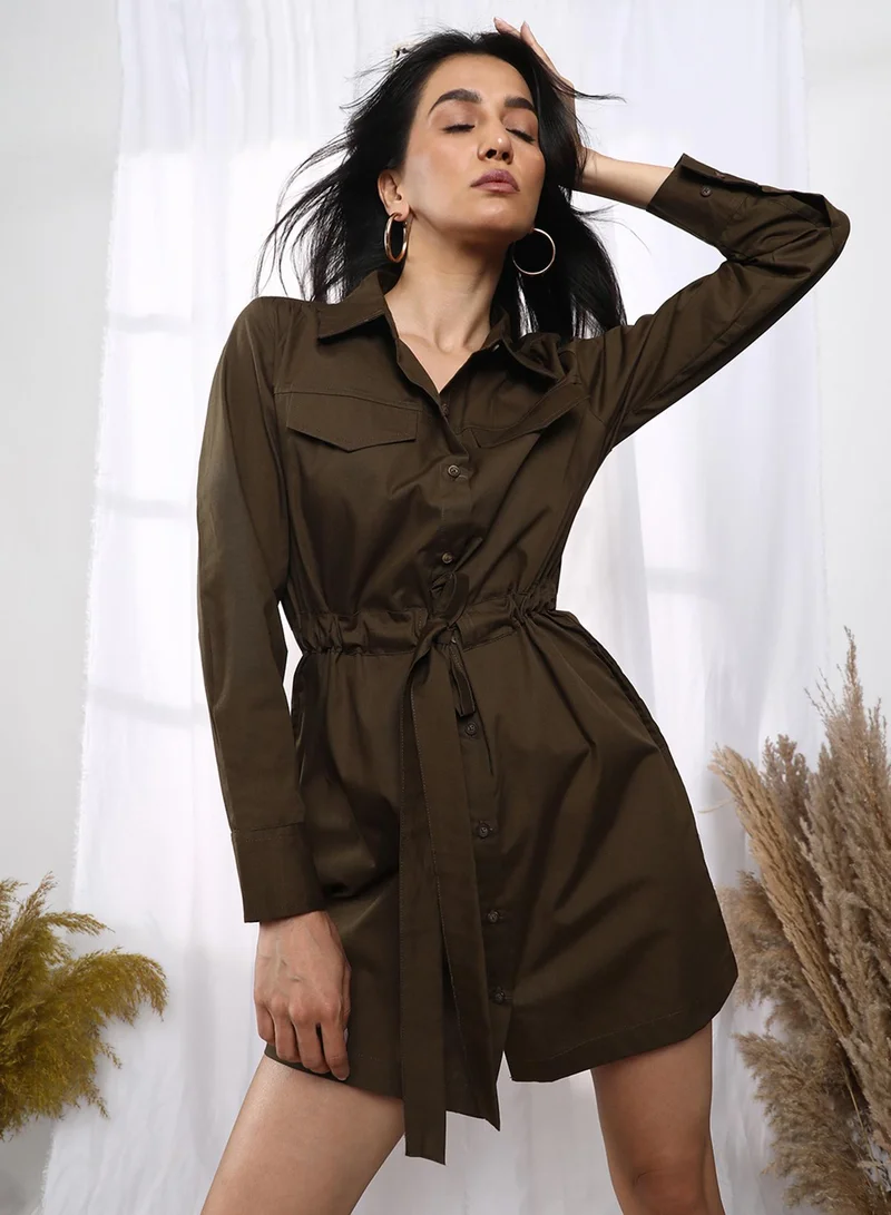 Women's Fern Green Tie-Up Shirt Dress