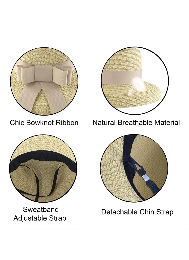 KASTWAVE Womens Summer Classical Bowknot Sun Hats, Travel Foldable Brim Bucket Hat Vintage Cloche Beach Fishing Cap, Straw Hat with Wind Lanyard Floppy Beach Hats for Women UV Protection.  - Image 5
