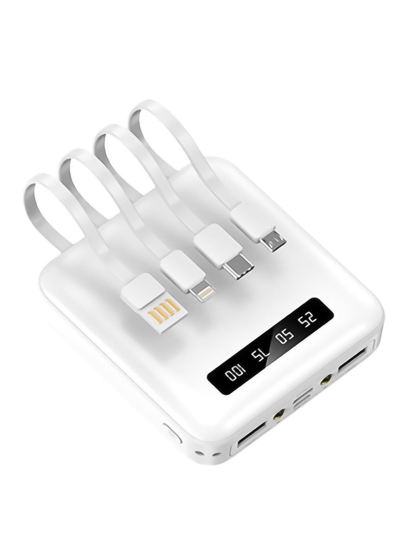 Generic 10000mAh Mini Power Bank with 4-in-1 Built-in (Type-c, Micro, Lightning, USB-A) Charging Cables, P102 - White  - Image 1