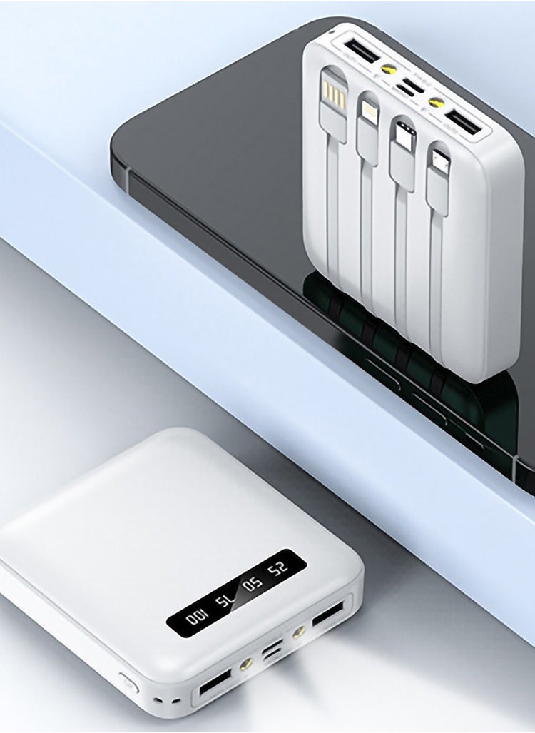 Generic 10000mAh Mini Power Bank with 4-in-1 Built-in (Type-c, Micro, Lightning, USB-A) Charging Cables, P102 - White  - Image 2