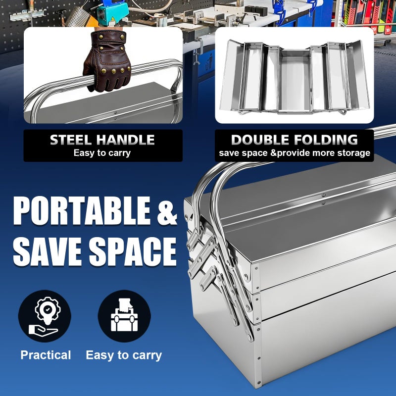 FITHOIST Metal Cantilever Tool Box, 3-Tier 5 Tray Fold Out Stainless Steel Tool Box with Handle, 14" Stack-able Portable Tool Storage Box Organizers Chest for Household Factory Warehouse Repair Shop - Image 5