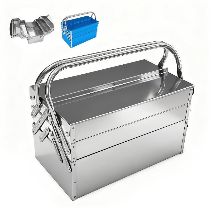 FITHOIST Metal Cantilever Tool Box, 3-Tier 5 Tray Fold Out Stainless Steel Tool Box with Handle, 14" Stack-able Portable Tool Storage Box Organizers Chest for Household Factory Warehouse Repair Shop - Image 1