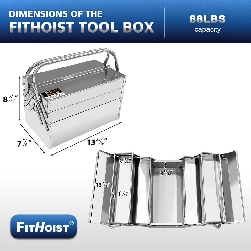 FITHOIST Metal Cantilever Tool Box, 3-Tier 5 Tray Fold Out Stainless Steel Tool Box with Handle, 14" Stack-able Portable Tool Storage Box Organizers Chest for Household Factory Warehouse Repair Shop - Image 2