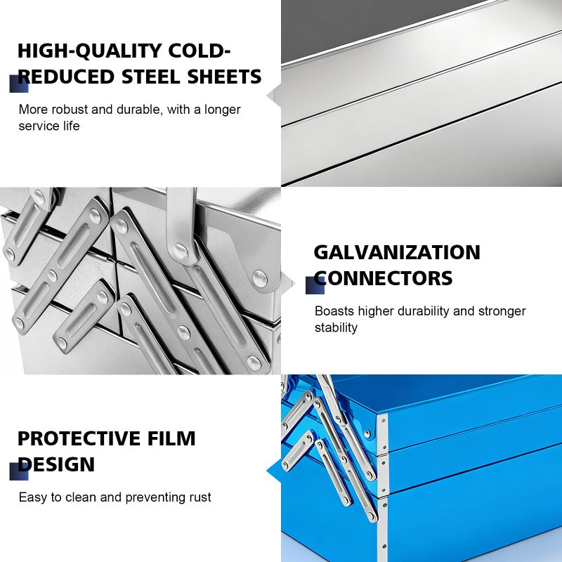 FITHOIST Metal Cantilever Tool Box, 3-Tier 5 Tray Fold Out Stainless Steel Tool Box with Handle, 14" Stack-able Portable Tool Storage Box Organizers Chest for Household Factory Warehouse Repair Shop - Image 4