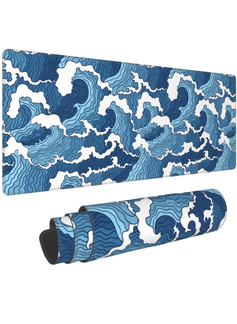 erorex Japanese Blue and White Wave Extended Mouse Pad 31.5x11.8 Inch Wave Desk Mousepad Extended Large Non-Slip Rubber Base Waterproof Big Keyboard Mat with Stitched Edges for Gaming and Office  - Image 1