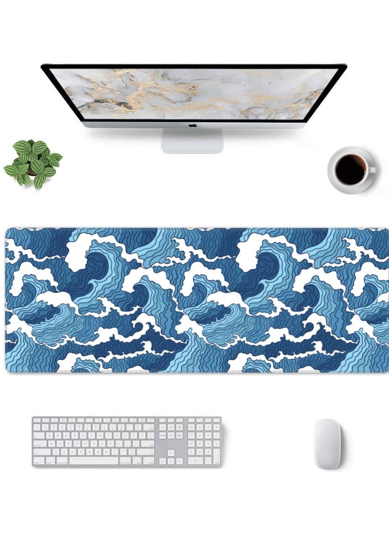 erorex Japanese Blue and White Wave Extended Mouse Pad 31.5x11.8 Inch Wave Desk Mousepad Extended Large Non-Slip Rubber Base Waterproof Big Keyboard Mat with Stitched Edges for Gaming and Office  - Image 3