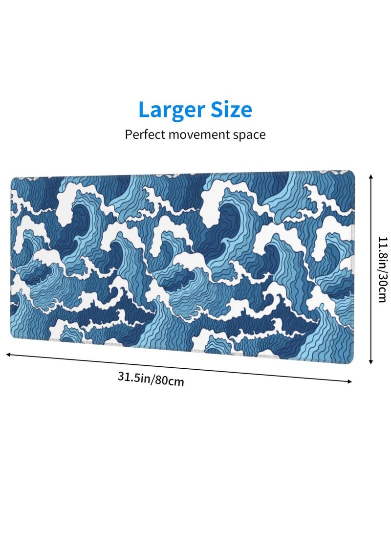 erorex Japanese Blue and White Wave Extended Mouse Pad 31.5x11.8 Inch Wave Desk Mousepad Extended Large Non-Slip Rubber Base Waterproof Big Keyboard Mat with Stitched Edges for Gaming and Office  - Image 2