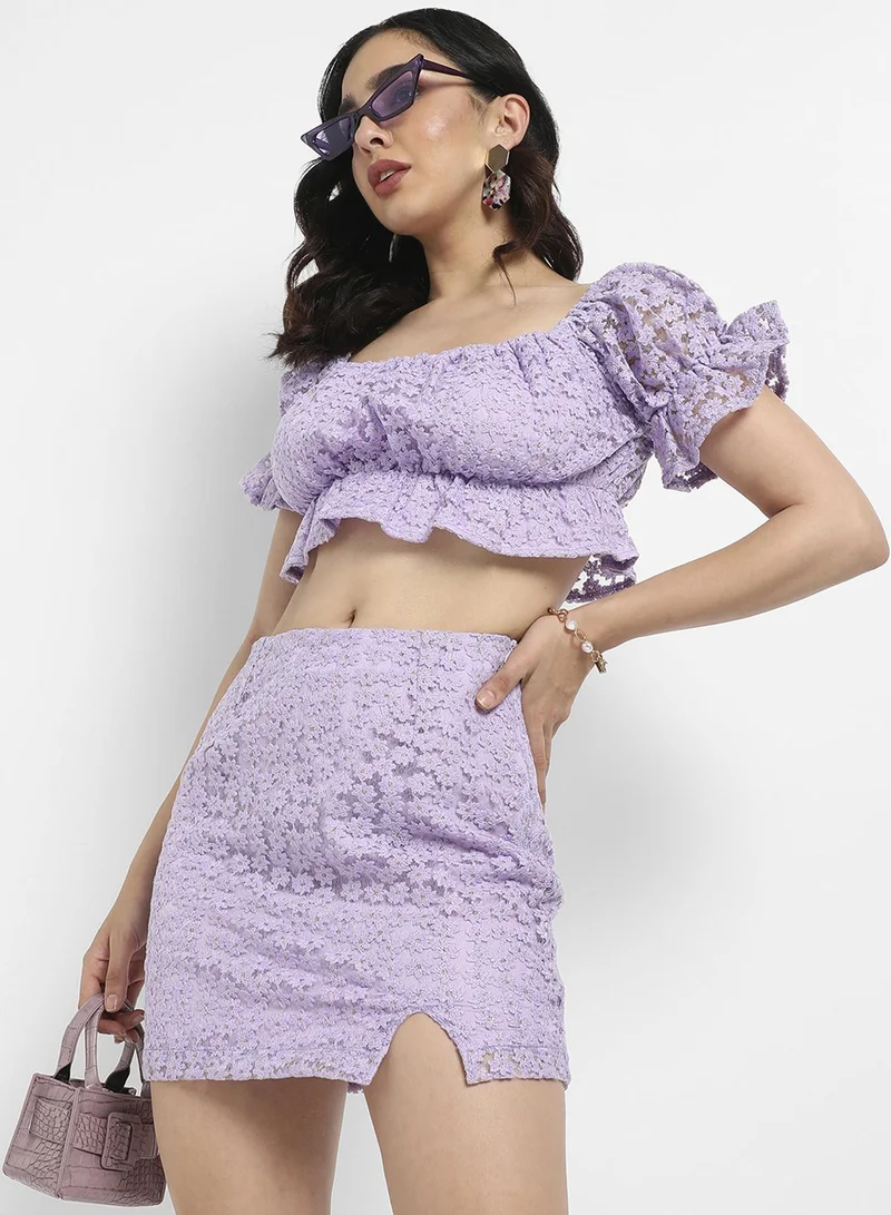 PINACOLADA PINACOLADA Women's Lavender Cropped Self-Design Co-Ord Set For Casual Wear | Long Sleeve | Polyester Fabric | Round Neck Clothing Set Crafted With Comfort Fit For Everyday Wear