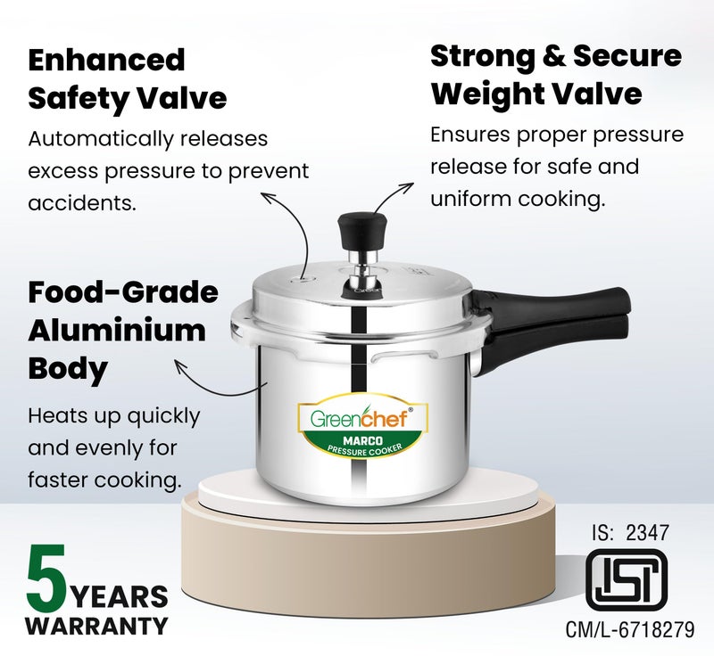 GREENCHEF Marco Aluminium Pressure Cooker Outer Lid 3 Litre capacity, ISI Certified, Silver Colour - Image 3