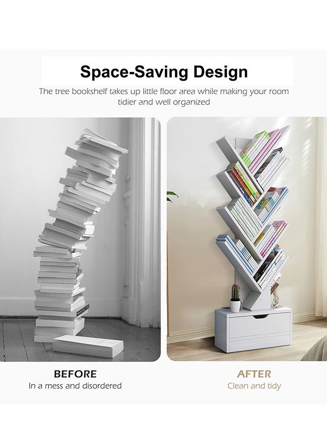 Occuwzz - 9 Tier Tree Bookshelf Wood Bookcase with Drawer Modern Book Storage Free Standing Tree Bookcase Tall Narrow Corner Shelving for Home Office - Image 1