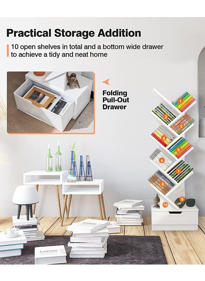 Occuwzz - 9 Tier Tree Bookshelf Wood Bookcase with Drawer Modern Book Storage Free Standing Tree Bookcase Tall Narrow Corner Shelving for Home Office - Image 1