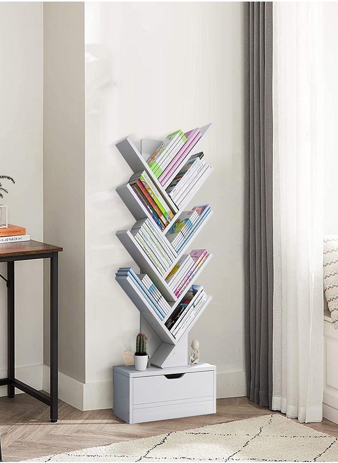 Occuwzz - 9 Tier Tree Bookshelf Wood Bookcase with Drawer Modern Book Storage Free Standing Tree Bookcase Tall Narrow Corner Shelving for Home Office - Image 1