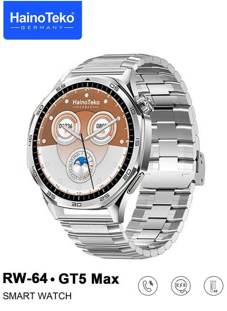 Haino Teko RW-64 GT5 Max Smartwatch with Large AMOLED Display, Voice Assistant, and 3 Pairs of Straps, Designed for Men, Silver - Image 2