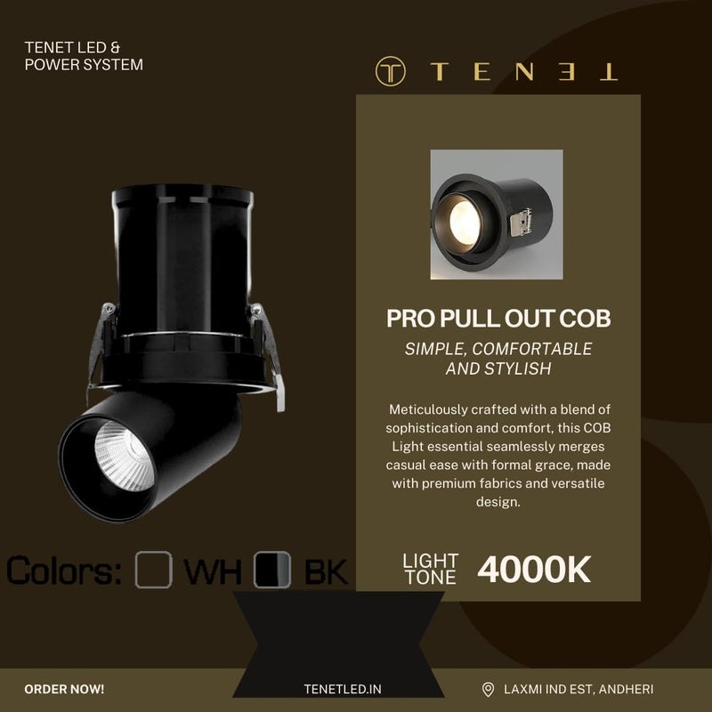 TENET 12W Adjustable Recessed LED COB Spotlight for Wall Ceiling Neutral White Light Black Body Single Head Adjustable Angle Wall Lamp for Living Room Home Office Commercial Use Pro Pullout - Image 3