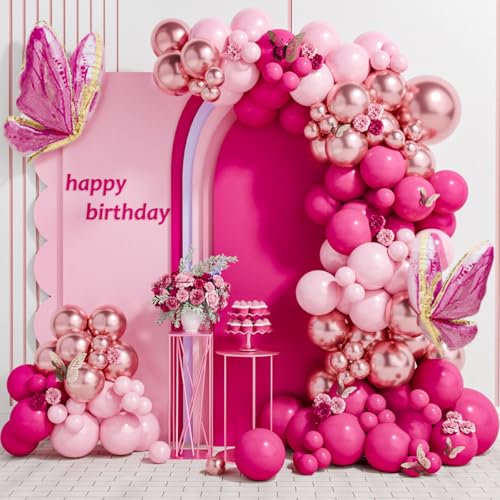 Netnology Pink Butterfly Balloon Arch Garland Kit 112pcs Pastel Pink Rose Gold Balloons with 2pcs Butterfly Foil Balloons for Birthday Party Decorations Baby Shower Decorations for Girls - Image 1