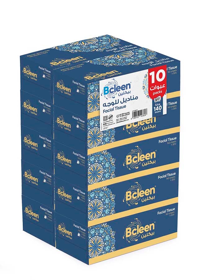 Bcleen White Facial Tissue,2 Ply × 140 Sheets,Tissues For Germ Protection Cotton Feel Suitable for All Skin Types, 19 * 20cm (Pack of 10)