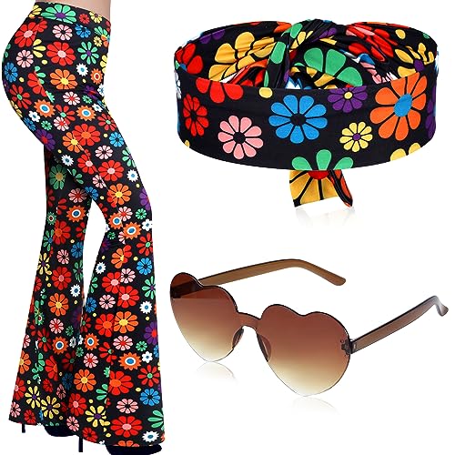 Tisancy 3 Pcs 60s 70s Outfit for Women Hippie Costume Set Disco Flared Pants Groovy Outfit Party Accessories(M Size, Vibrant) - Image 1