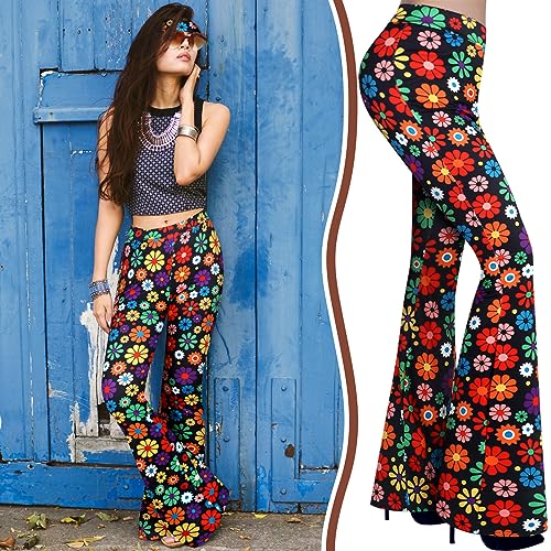 Tisancy 3 Pcs 60s 70s Outfit for Women Hippie Costume Set Disco Flared Pants Groovy Outfit Party Accessories(M Size, Vibrant) - Image 4