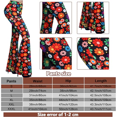 Tisancy 3 Pcs 60s 70s Outfit for Women Hippie Costume Set Disco Flared Pants Groovy Outfit Party Accessories(M Size, Vibrant) - Image 3