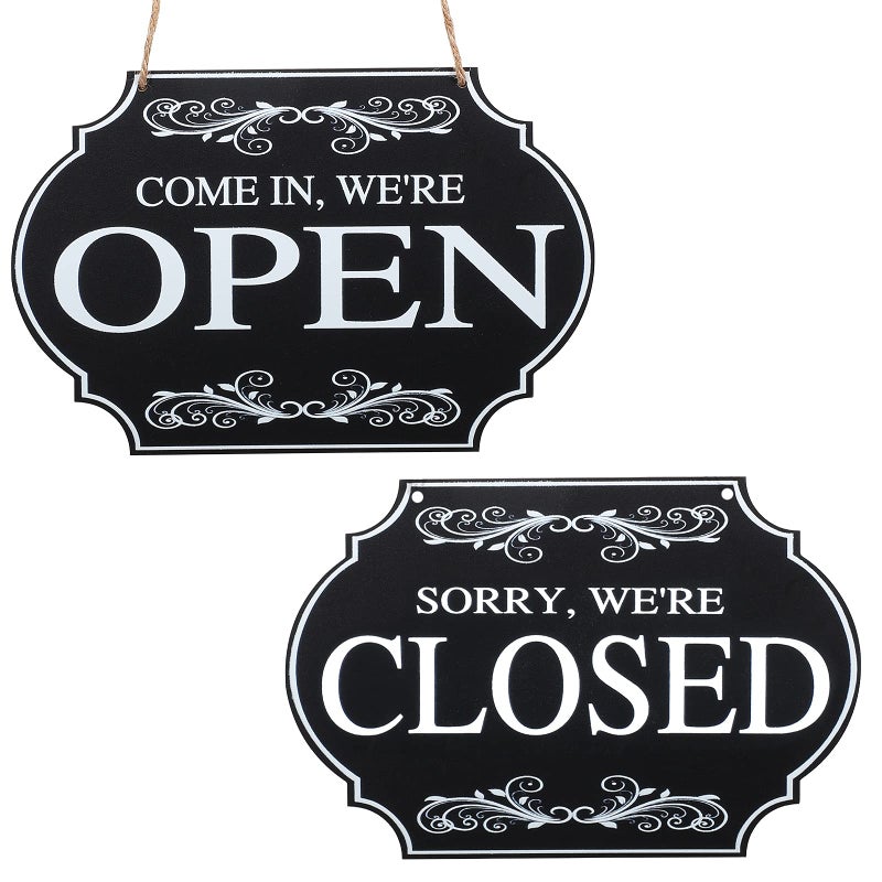 Blulu Open and Closed Business Signs Sided Wooden Open Signs with Rope for Coffee Bar Shop Door Window, 11.8 x 7.8 Inch (Black Board, White Words) - Image 1