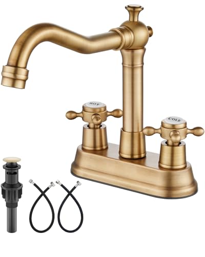 Aolemi 4 Inch Centerset Bathroom Sink Faucet Vintage 2 Cross Handle RV Mixer Tap Basin Vanity Lavatory Utility for Sink 3 Hole Include Hoses Pop Up Drain Faucet Handle with Label Antique Brass - Image 1