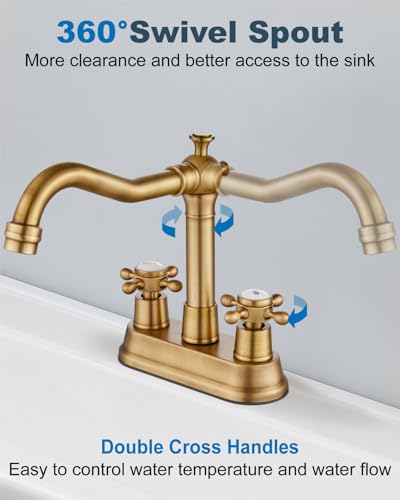 Aolemi 4 Inch Centerset Bathroom Sink Faucet Vintage 2 Cross Handle RV Mixer Tap Basin Vanity Lavatory Utility for Sink 3 Hole Include Hoses Pop Up Drain Faucet Handle with Label Antique Brass - Image 3