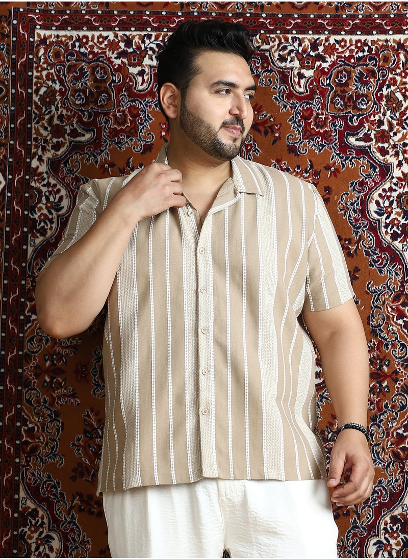 Instafab Plus Instafab Plus Men's Ash Brown Tactile-Lined Cuban Shirt For Casual Wear | Cuban Collar | Short Regular Sleeves | Button Closure | Plus Size Shirt Crafted With Comfort Fit For Everyday Wear  - Image 2