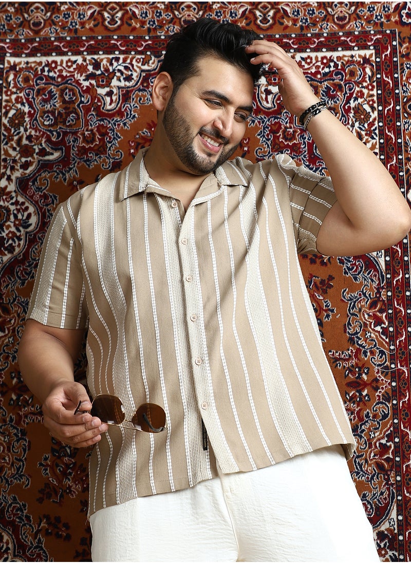Instafab Plus Instafab Plus Men's Ash Brown Tactile-Lined Cuban Shirt For Casual Wear | Cuban Collar | Short Regular Sleeves | Button Closure | Plus Size Shirt Crafted With Comfort Fit For Everyday Wear  - Image 1