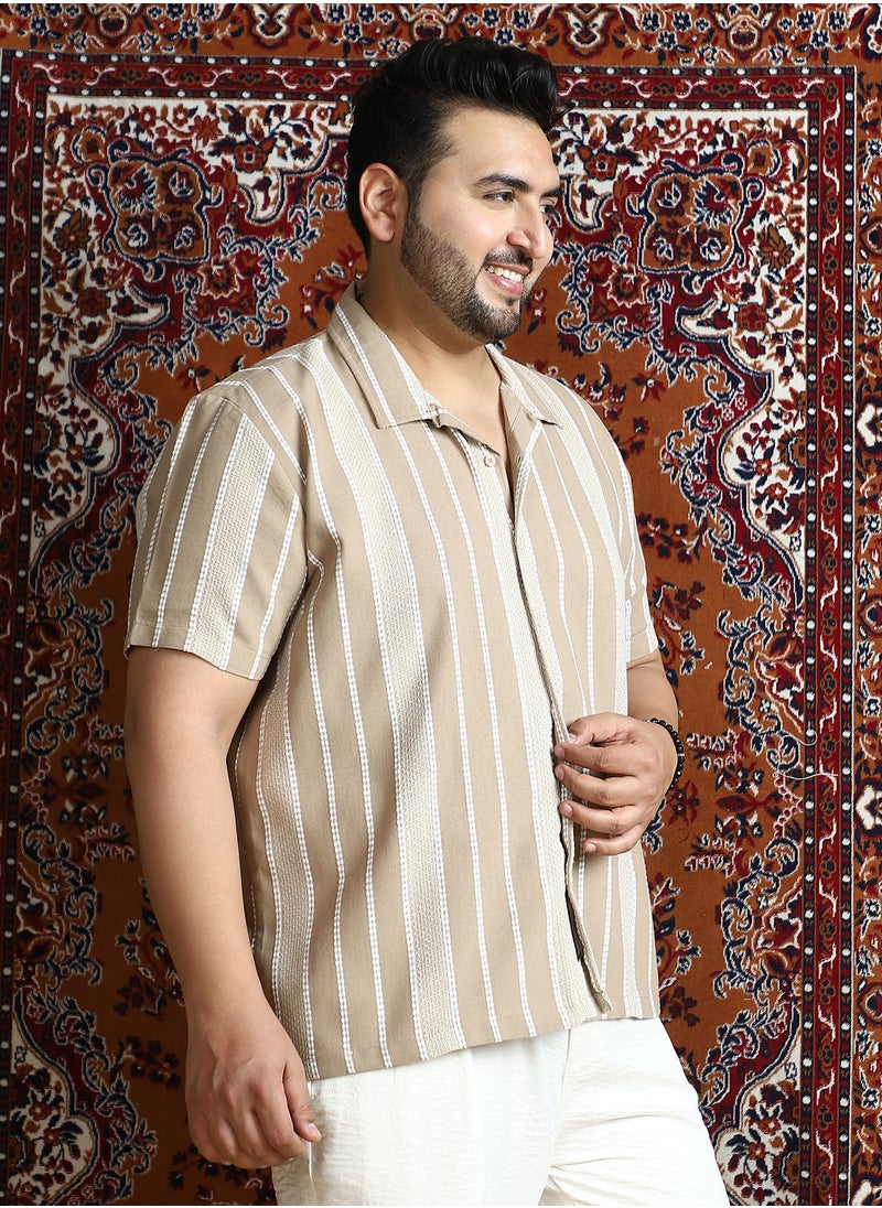 Instafab Plus Instafab Plus Men's Ash Brown Tactile-Lined Cuban Shirt For Casual Wear | Cuban Collar | Short Regular Sleeves | Button Closure | Plus Size Shirt Crafted With Comfort Fit For Everyday Wear  - Image 3