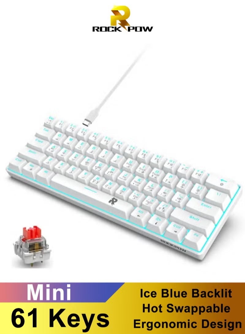 Rock Pow 61keys 60% Mechanical Gaming Keyboard Arabic  Ice Blue Backlit Ultra-Compact Mini Keyboard, Mini Compact Keyboard for PC/Mac Gamer, Typist, Easy Carry on Trip - Image 1
