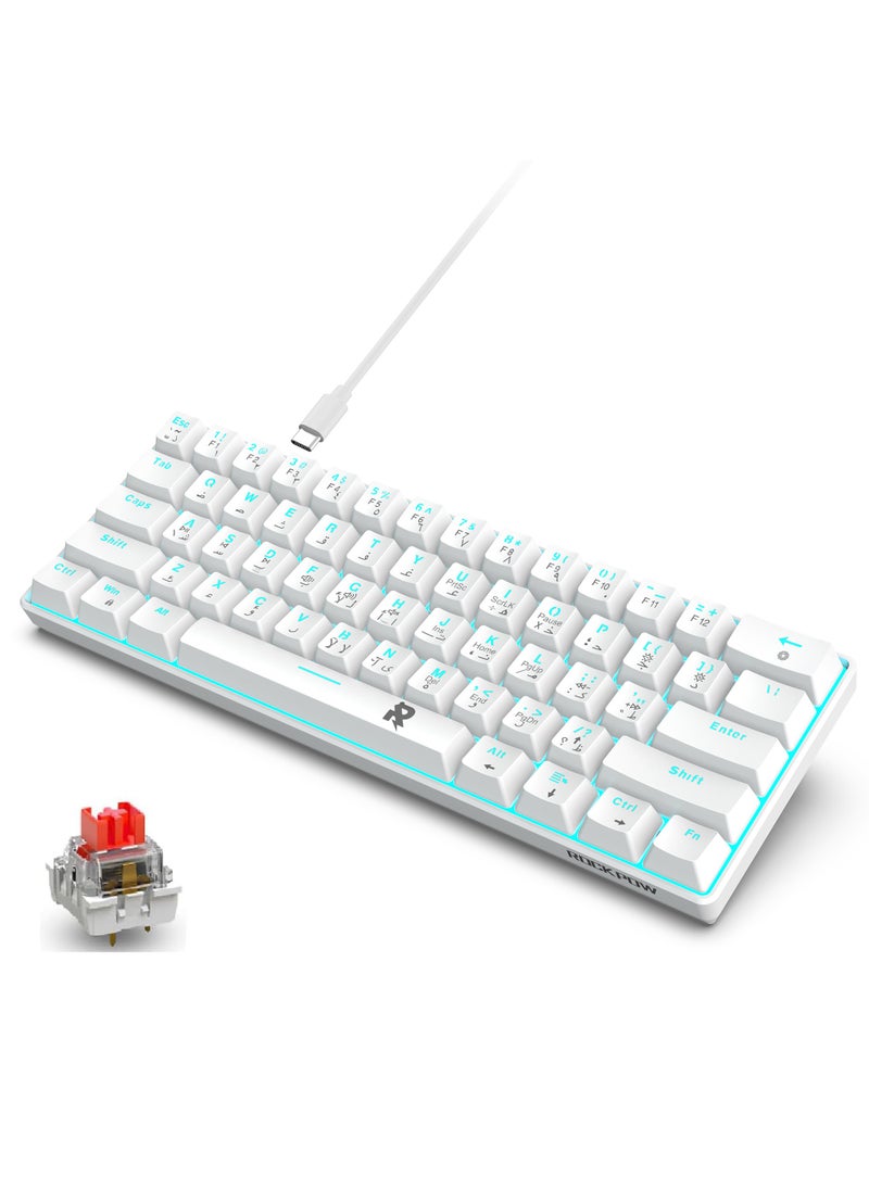 Rock Pow - 61keys 60% Mechanical Gaming Keyboard Arabic  Ice Blue Backlit Ultra-Compact Mini Keyboard, Mini Compact Keyboard for PC/Mac Gamer, Typist, Easy Carry on Trip Red Switch - Image 1