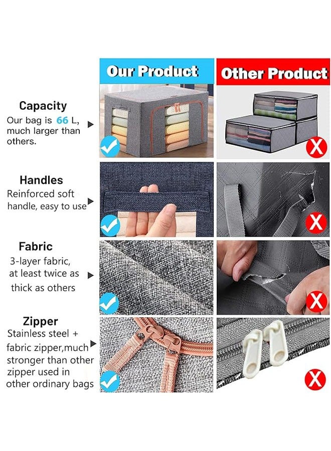 Arabest Large Capacity Clothes Storage Bags - Stackable Storage Organizer with Foldable Metal Frame, Zipper, Handles, Clear Window, Storage Container Box for Blanket Sweater Comforter (66L, Gray, 3Pack)  - Image 3