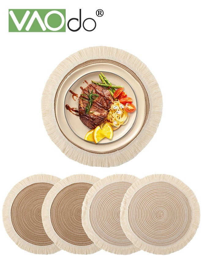 فاو دو طقم مفارش طاولة مستديرة من 4 قطع، مفارش طاولة بوهو غير قابلة للانزلاق، مفارش طاولة منسوجة على الوجهين متوفرة قابلة للغسل، لتزيين المطبخ والطعام والمنزل، حصيرة مكان مقاومة للحرارة 42*42 سم - Image 1
