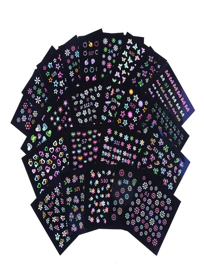TBRZTR Luminous Fluorescent Nail Art Stickers, 3D Self-Adhesive Nail Decals Flowers Butterfly Stars Heart Nail Design Glow Nails Supplies for Glitter Nail Decoration At Night Manicure Accessories (24 Sheets) - Image 3