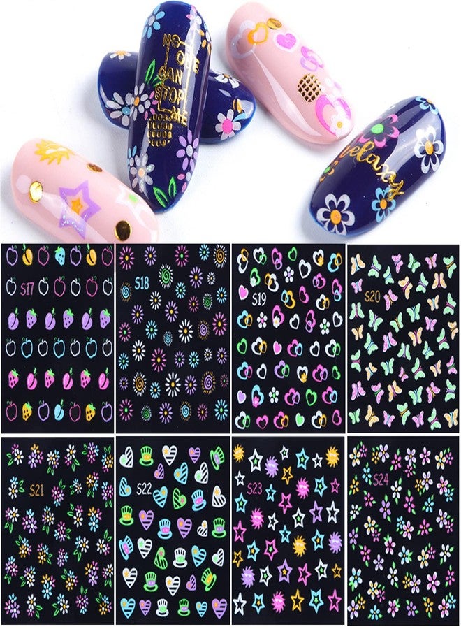 TBRZTR Luminous Fluorescent Nail Art Stickers, 3D Self-Adhesive Nail Decals Flowers Butterfly Stars Heart Nail Design Glow Nails Supplies for Glitter Nail Decoration At Night Manicure Accessories (24 Sheets) - Image 5